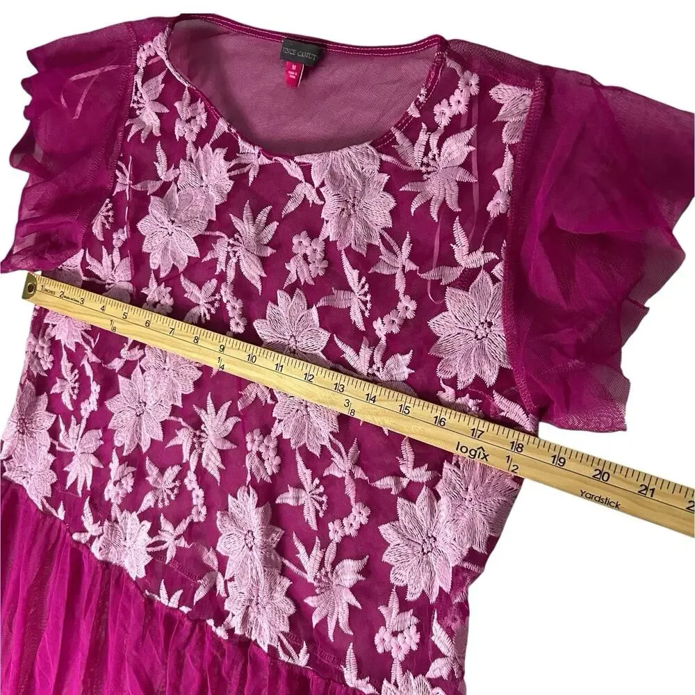 Vince Camuto Sz M Floral Embroidered Mesh Sheer Overlay Dress Pink Purple Maxi - Picture 9 of 9